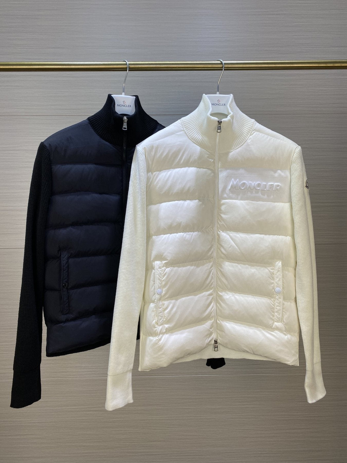 Moncler Quilted Front Knit Sleeve Zip Jacket — comparison