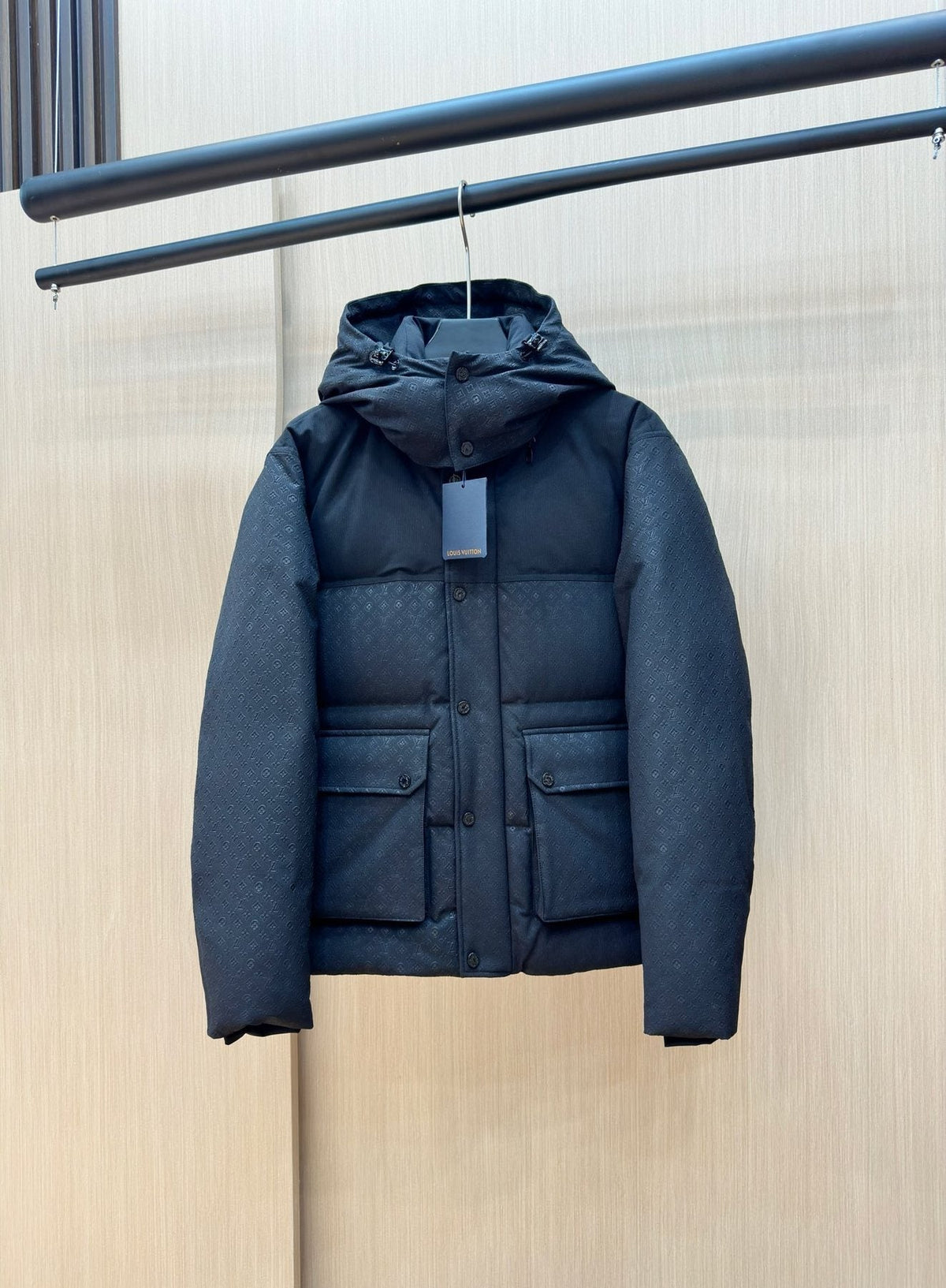 LV Tonal Pattern Hooded Puffer Coat — front