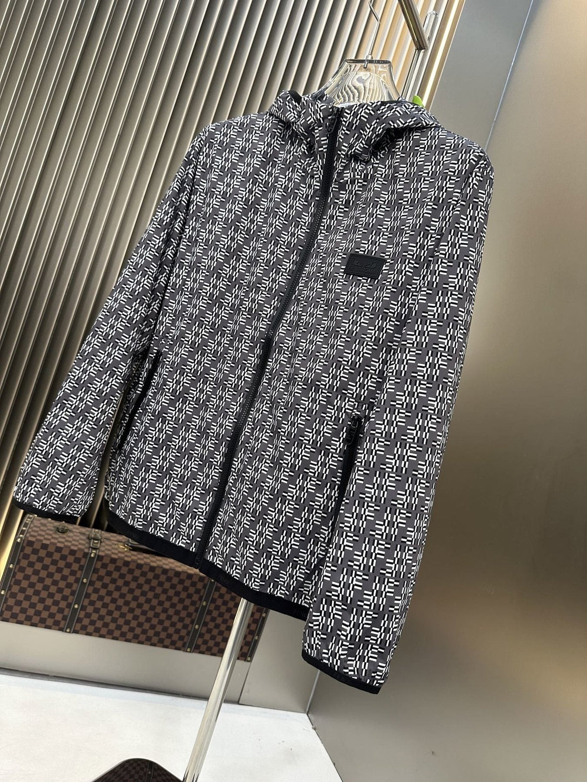 Fendi Black and White Pattern Hooded Zip-Front Jacket — front