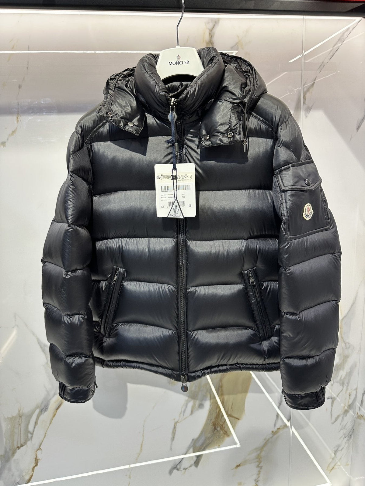 Moncler Black Glossy Hooded Puffer Coat — hang_tag